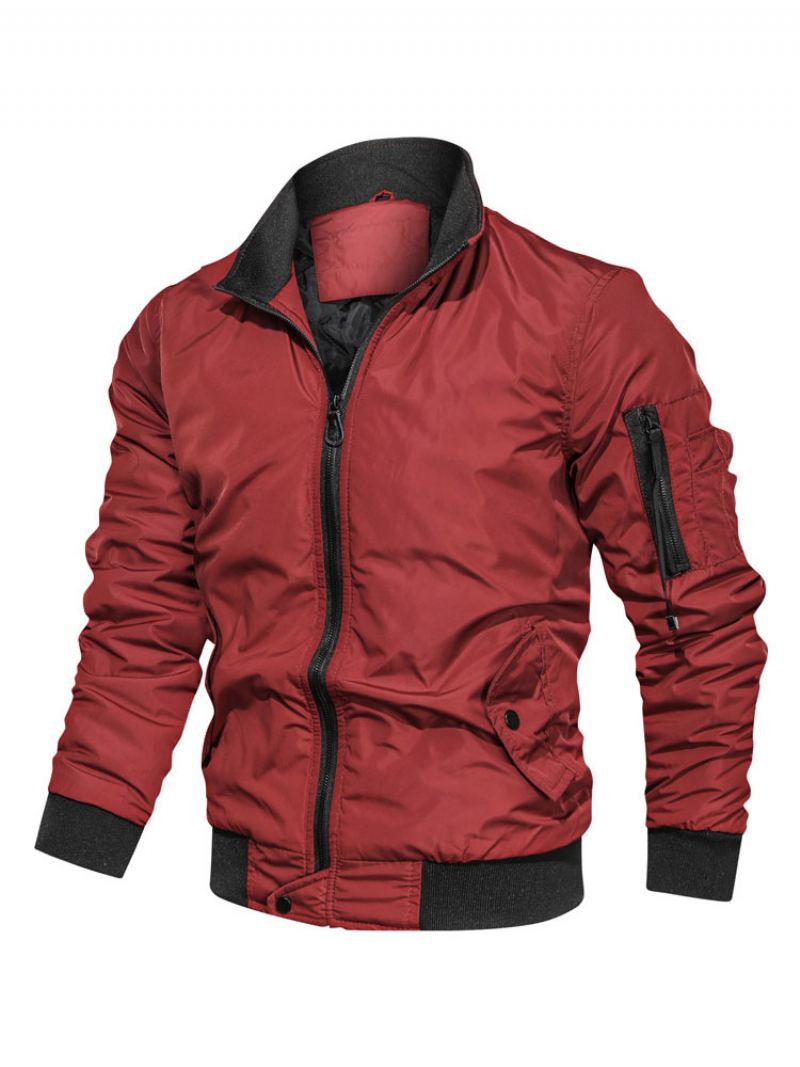 Heren Denim Jack Polyester Moderne Opstaande Kraag Lange Mouwen Jagersgroen Regular Fit - Rood