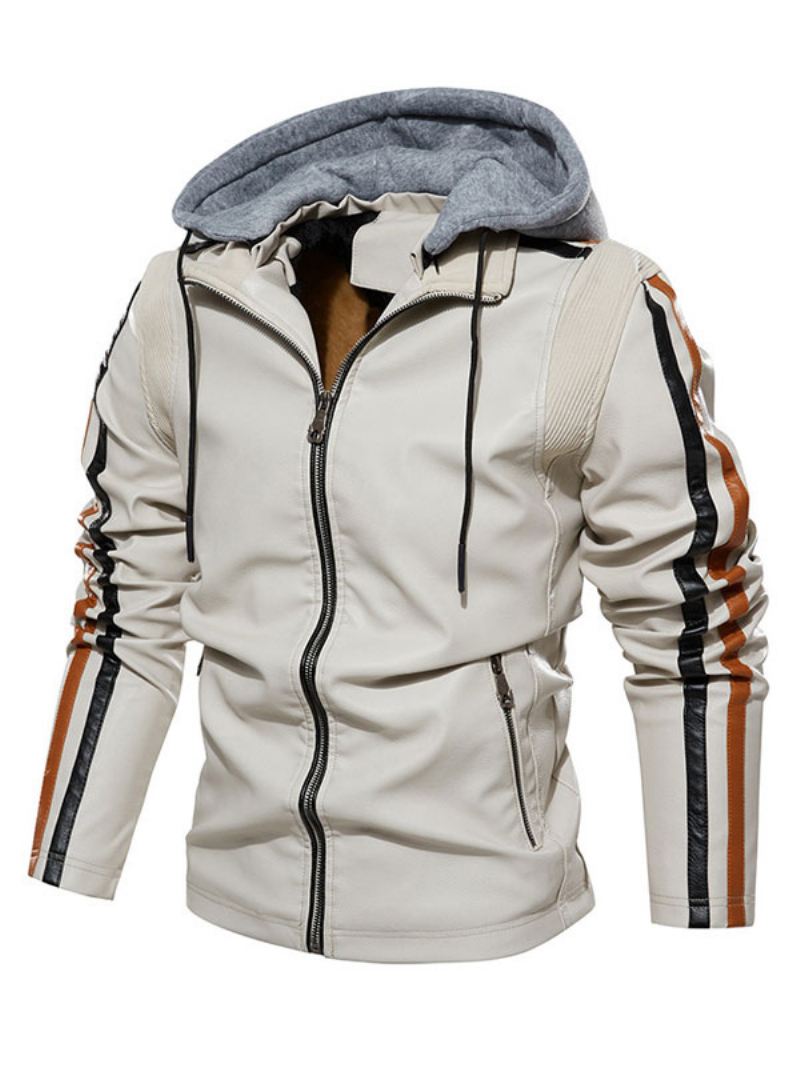 Leren Herenjack Comfortabel Gelaagde Ritssluiting Kleurenblok Smart Moto Winter Ecru Wit - Beige