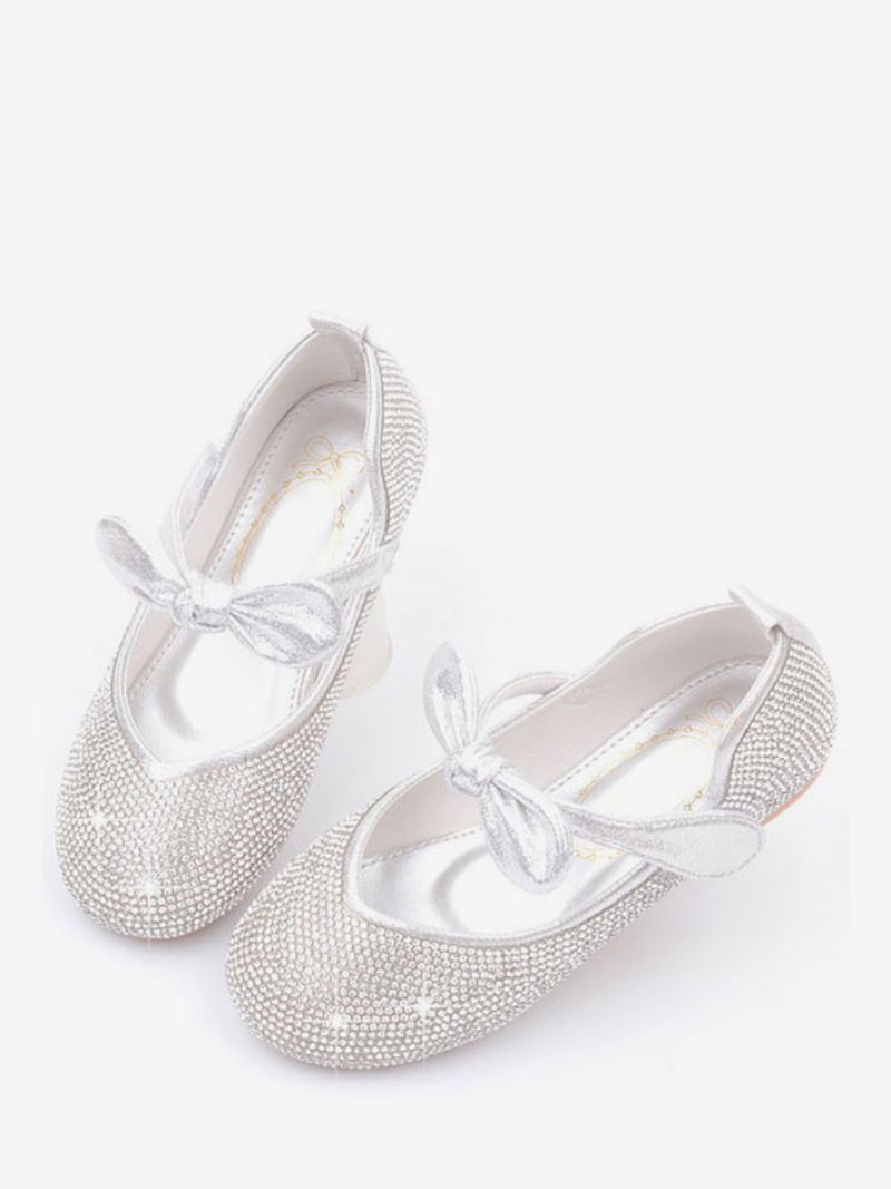 Bloemenmeisje Schoenen Strass Strik Flats - Zilver