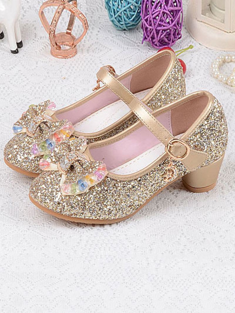 Bloemenmeisjesschoenen Glitter Bow Mary Jane Chunky Heel Pumps - Goud