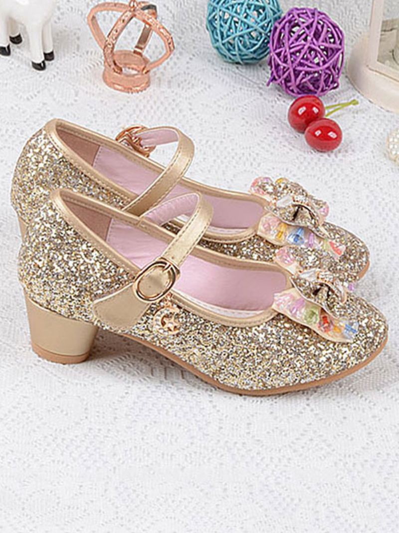 Bloemenmeisjesschoenen Glitter Bow Mary Jane Chunky Heel Pumps - Goud