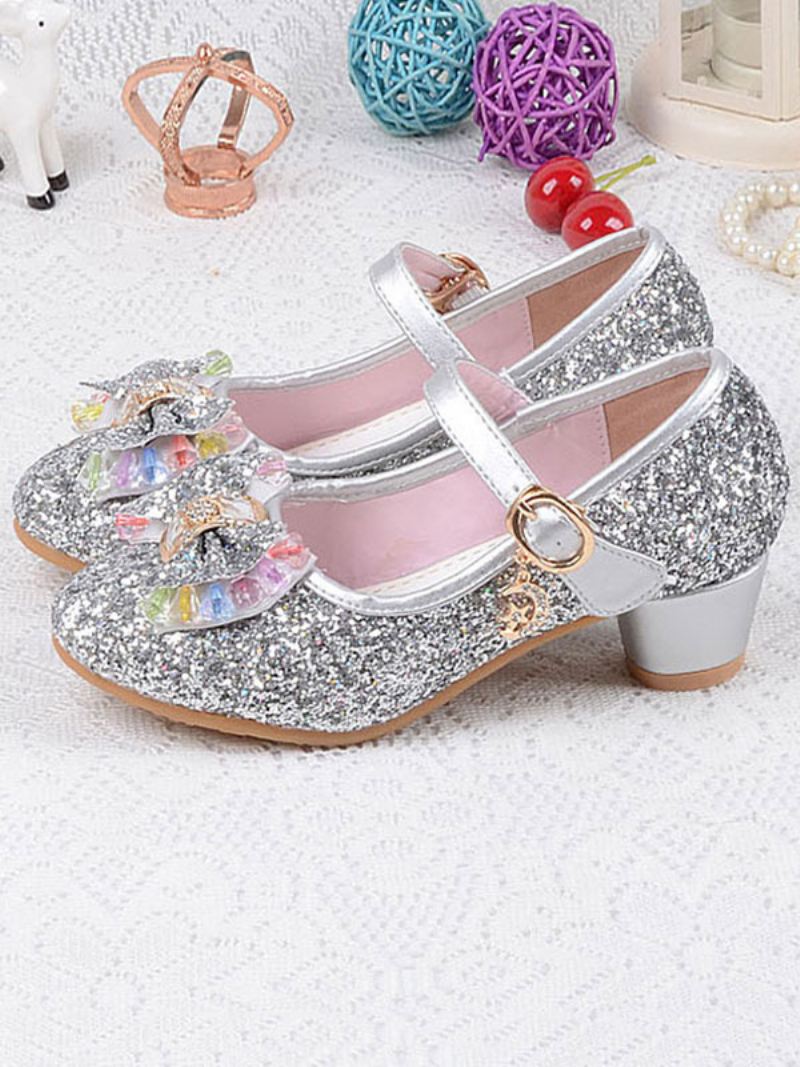 Bloemenmeisjesschoenen Glitter Bow Mary Jane Chunky Heel Pumps - Zilver