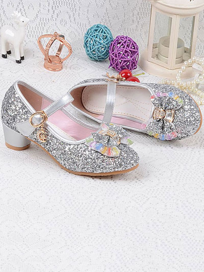 Bloemenmeisjesschoenen Glitter Bow Mary Jane Chunky Heel Pumps - Zilver