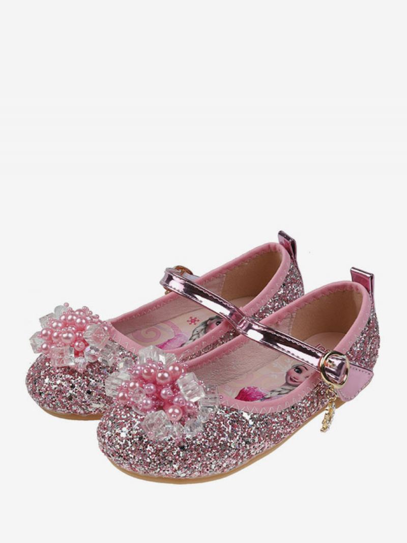 Bloemenmeisjesschoenen Teal Lovertjes Stoffen Strass-feestschoenen Kinderen - Roze