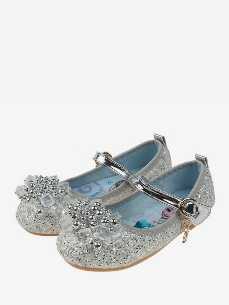 Bloemenmeisjesschoenen Teal Lovertjes Stoffen Strass-feestschoenen Kinderen - Zilver