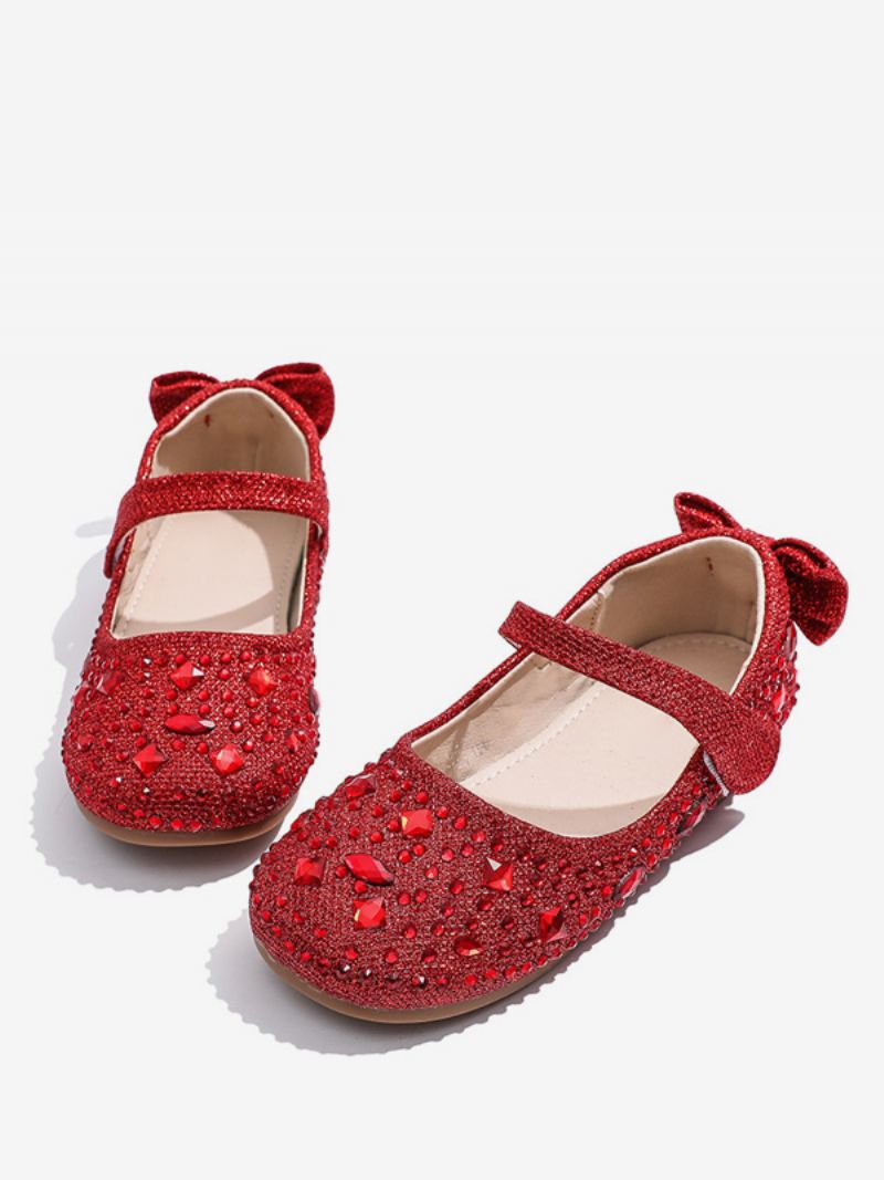 Bloemenmeisjesschoenen Zilver Polyester Strikjes Feestschoenen Kinderen - Rood