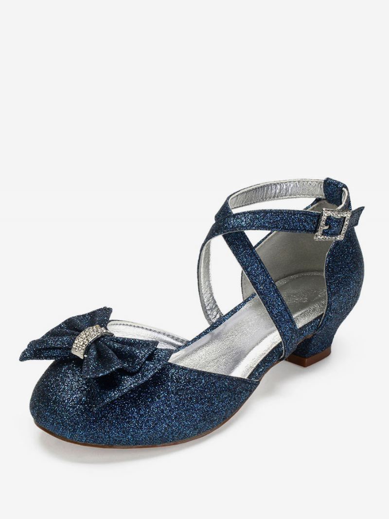 Bruiloft Bloemenmeisje Schoenen Glitter Strik Flats Meisjes - Diepblauw