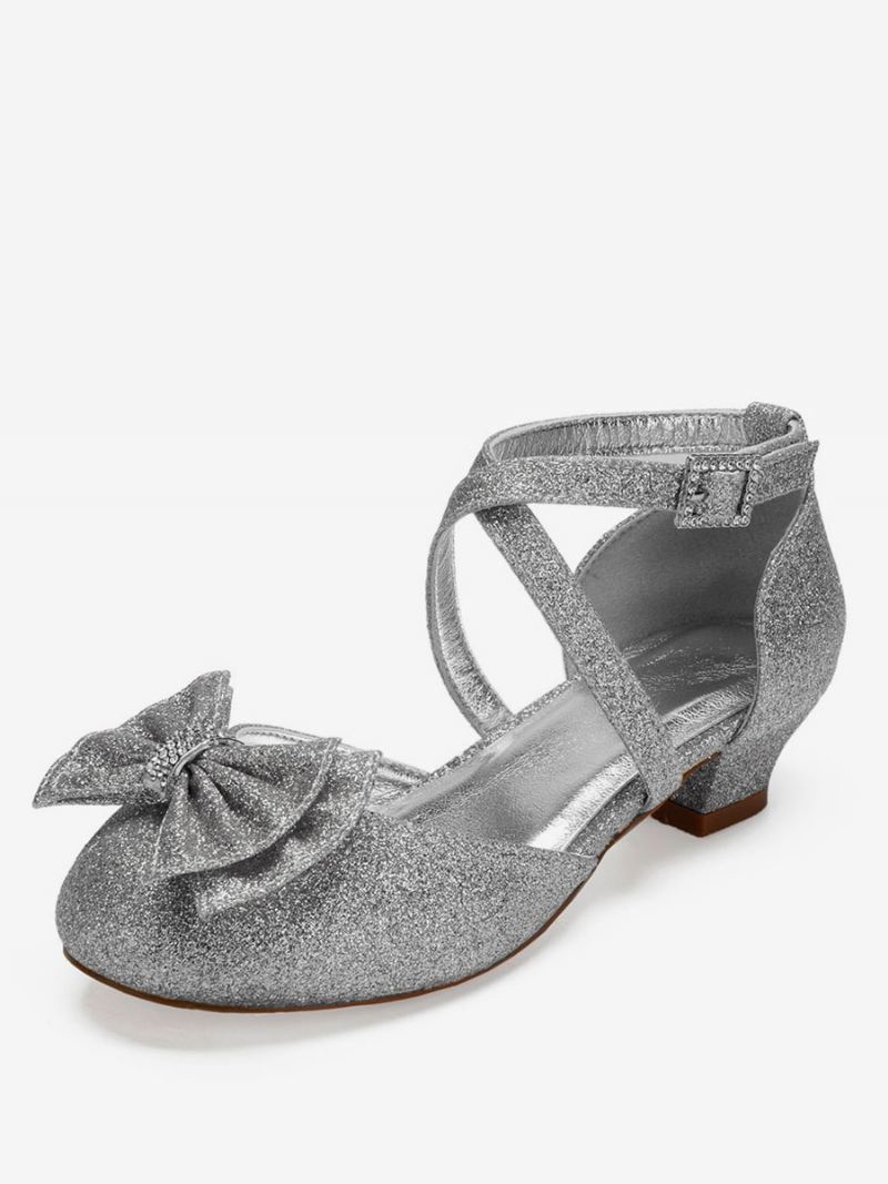 Bruiloft Bloemenmeisje Schoenen Glitter Strik Flats Meisjes - Zilver