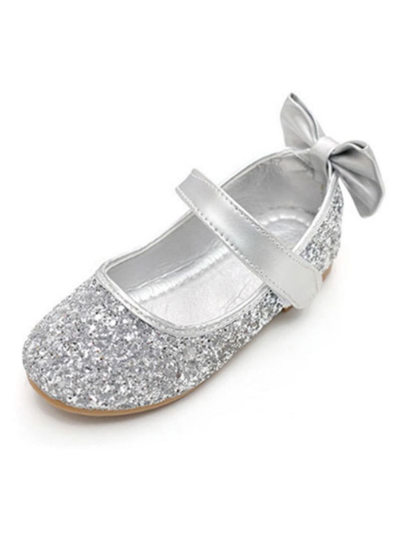 Glitter Bow Bruiloft Bloemenmeisje Schoenen - Zilver