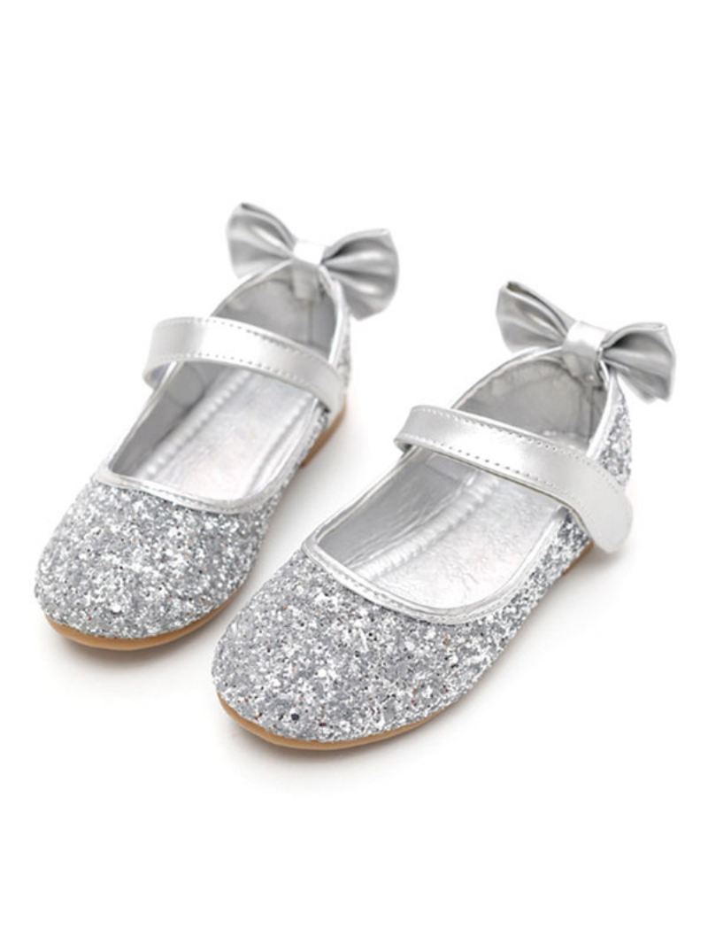 Glitter Bow Bruiloft Bloemenmeisje Schoenen - Zilver