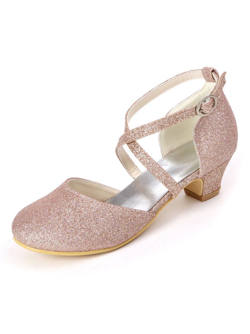 Meisjes Glitter Kruisband Kitten Hak Bloemenmeisje Schoenen - Champagne