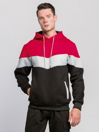 Heren Hoodies Rood Capuchon Lange Mouwen Kleurblok Polyester Sweatshirt