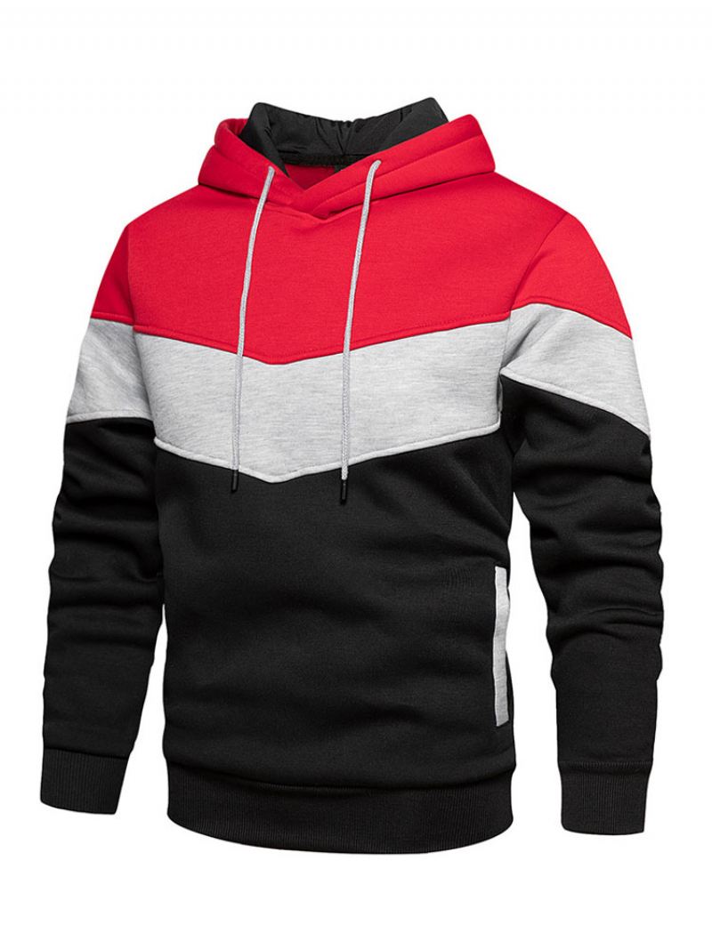 Heren Hoodies Rood Capuchon Lange Mouwen Kleurblok Polyester Sweatshirt - Bordeauxrood