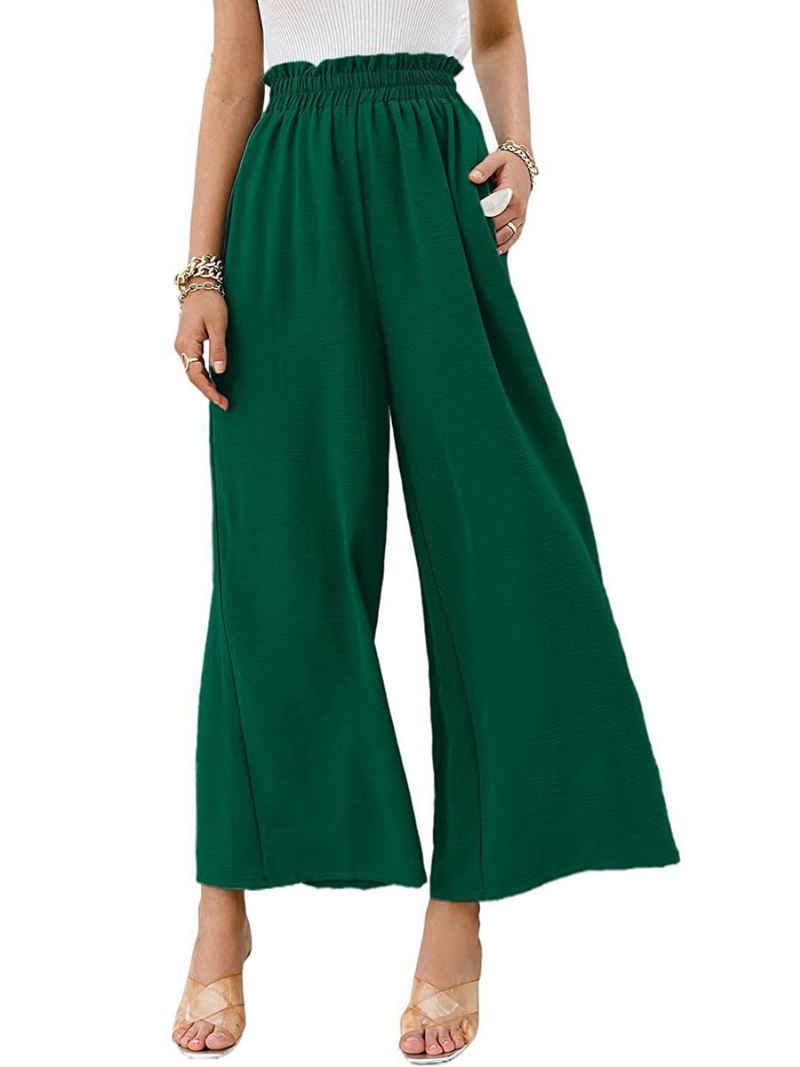 Dameslinnen Cropped Broek Met Verhoogde Taille Wijde Pijpen Zomer Casual - Donkergroen