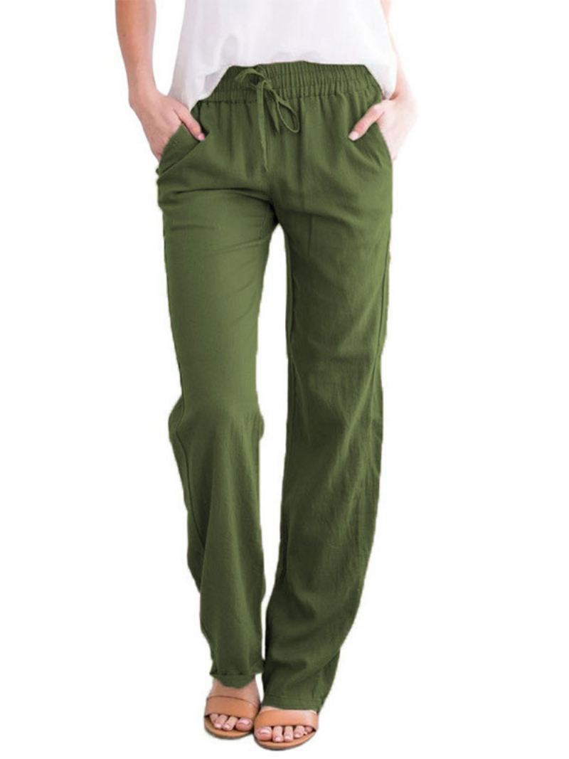 Linnen Damesbroek Elasric Taille Met Veterzakken Losse Zomercasual Broek - Groen