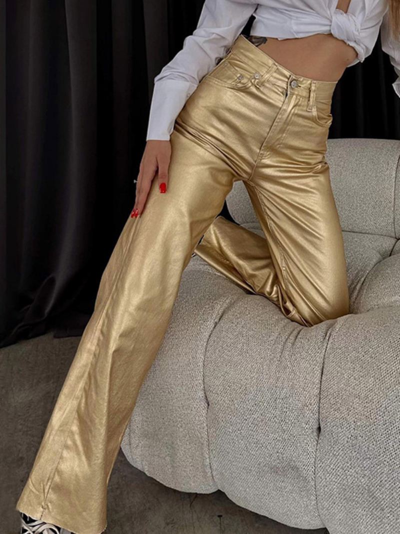 Metallic Broek Hoge Taille Ritssluiting Wijde Pijpen Dames