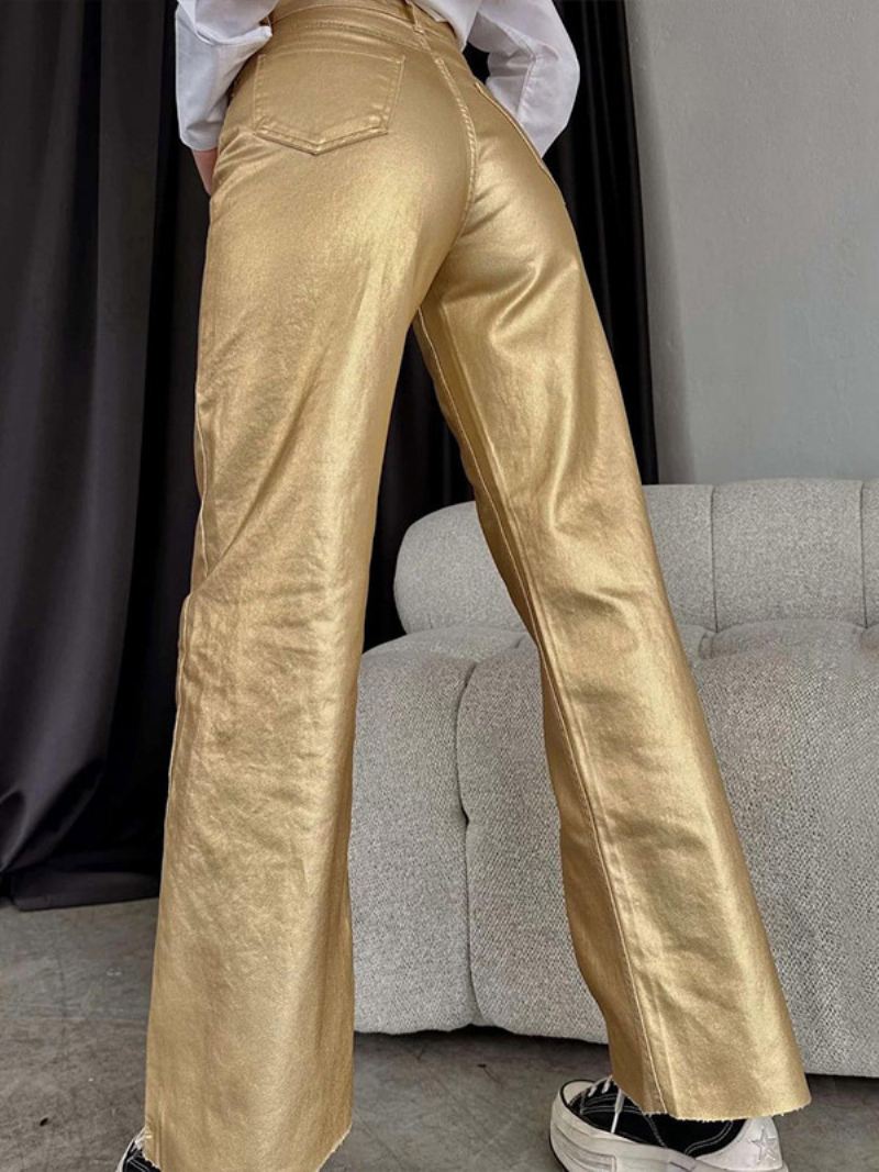 Metallic Broek Hoge Taille Ritssluiting Wijde Pijpen Dames - Goud