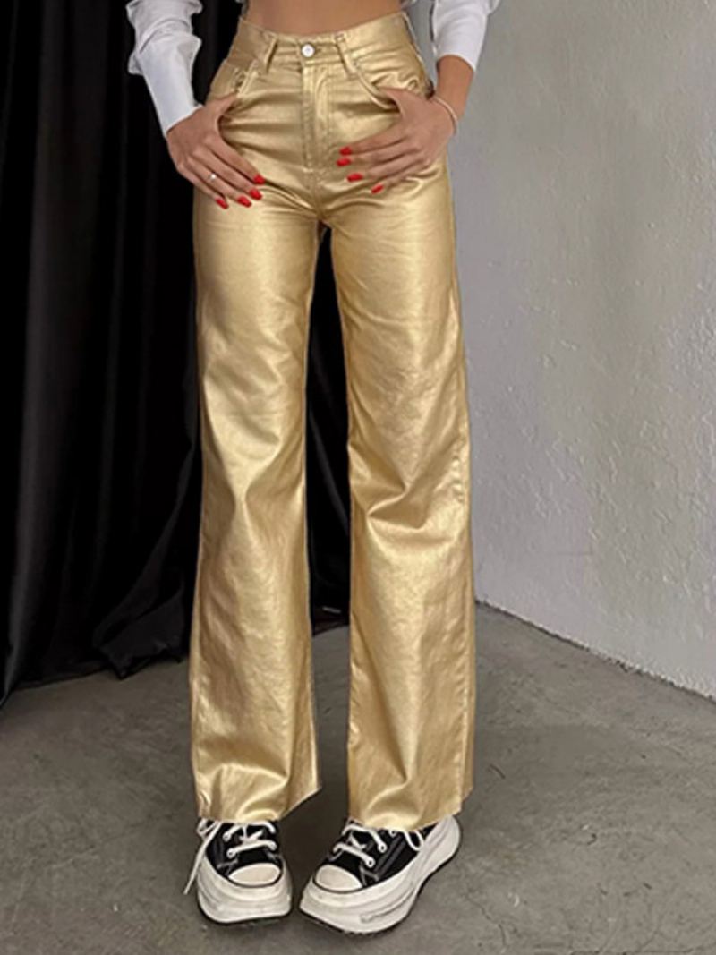 Metallic Broek Hoge Taille Ritssluiting Wijde Pijpen Dames - Goud