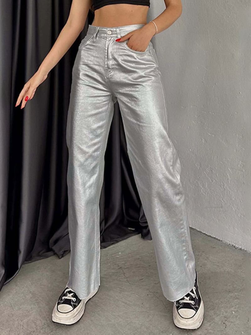 Metallic Broek Hoge Taille Ritssluiting Wijde Pijpen Dames - Zilver