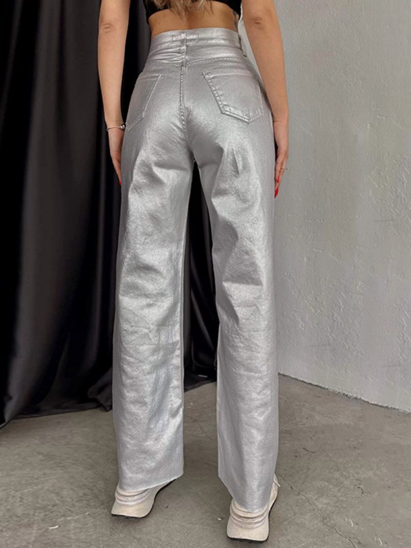 Metallic Broek Hoge Taille Ritssluiting Wijde Pijpen Dames - Zilver