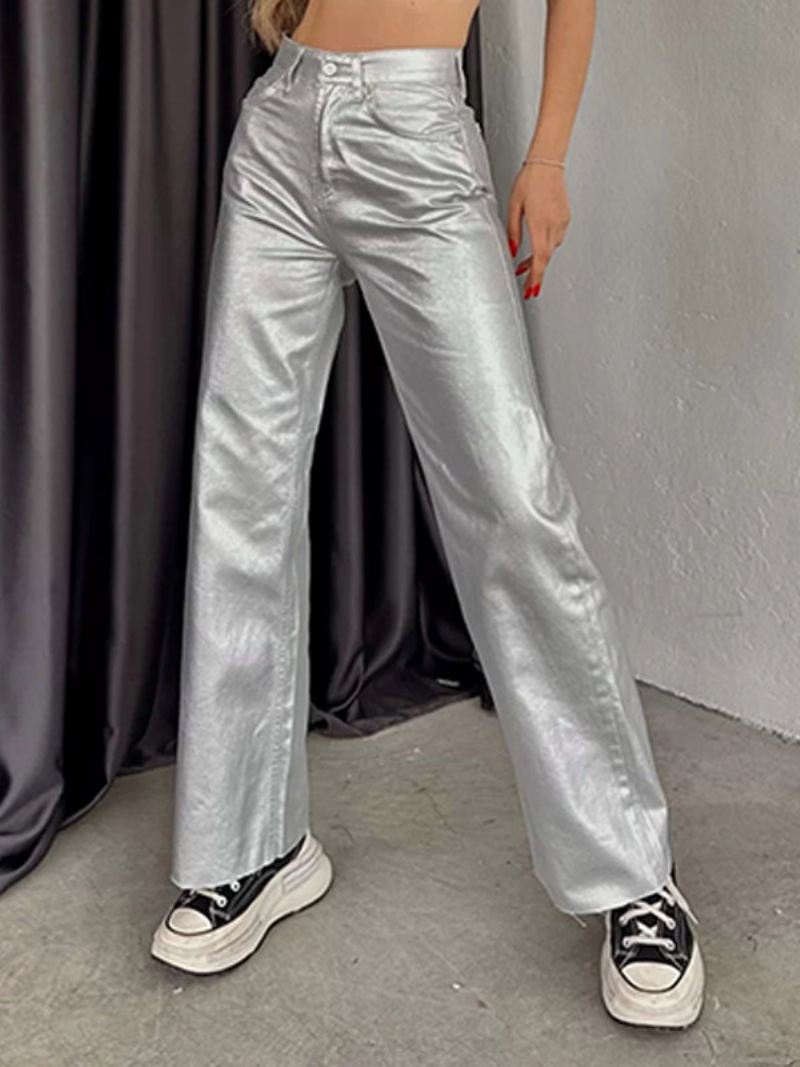 Metallic Broek Hoge Taille Ritssluiting Wijde Pijpen Dames - Zilver