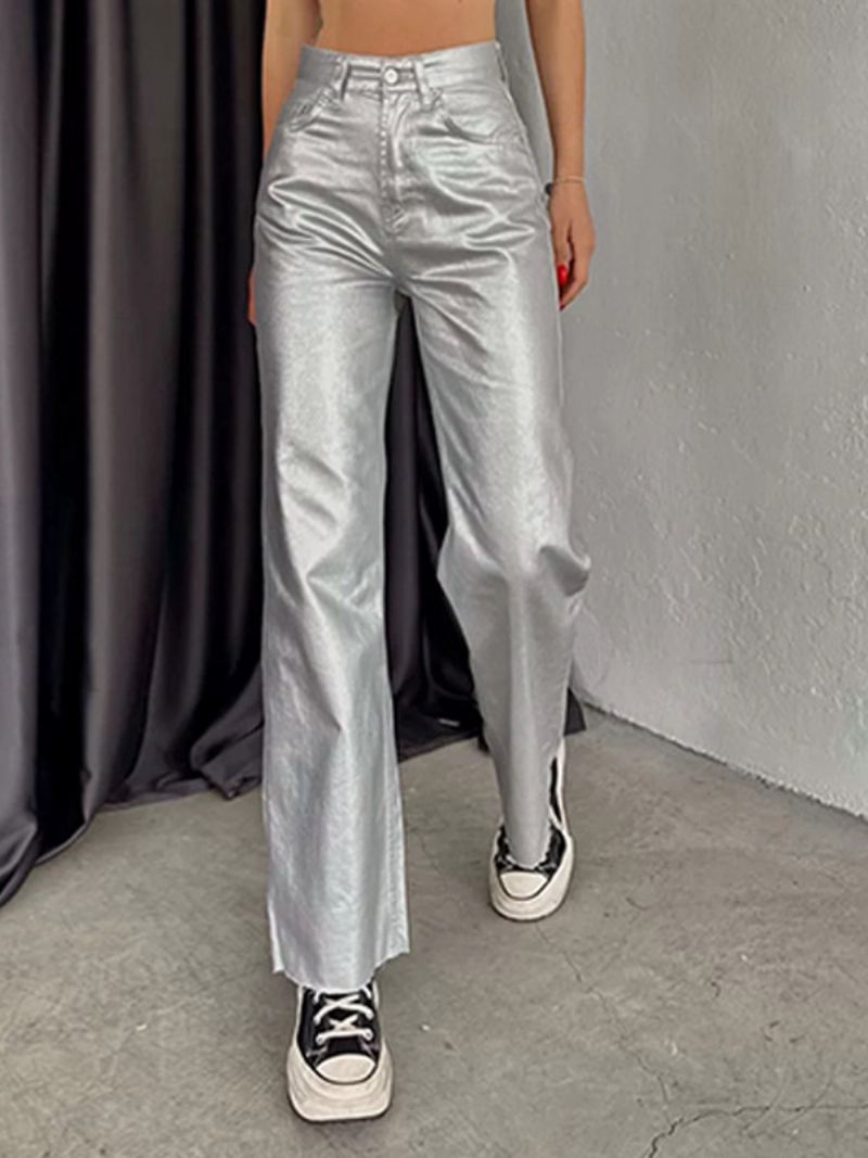 Metallic Broek Hoge Taille Ritssluiting Wijde Pijpen Dames - Zilver