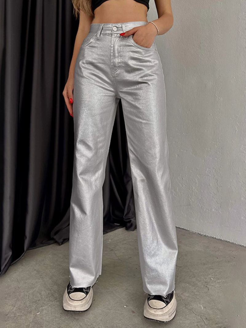 Metallic Broek Hoge Taille Ritssluiting Wijde Pijpen Dames - Zilver