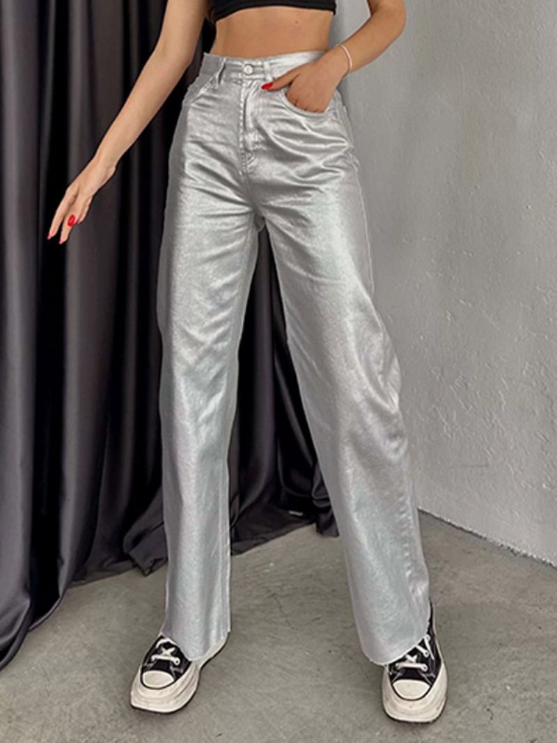 Metallic Broek Hoge Taille Ritssluiting Wijde Pijpen Dames - Zilver