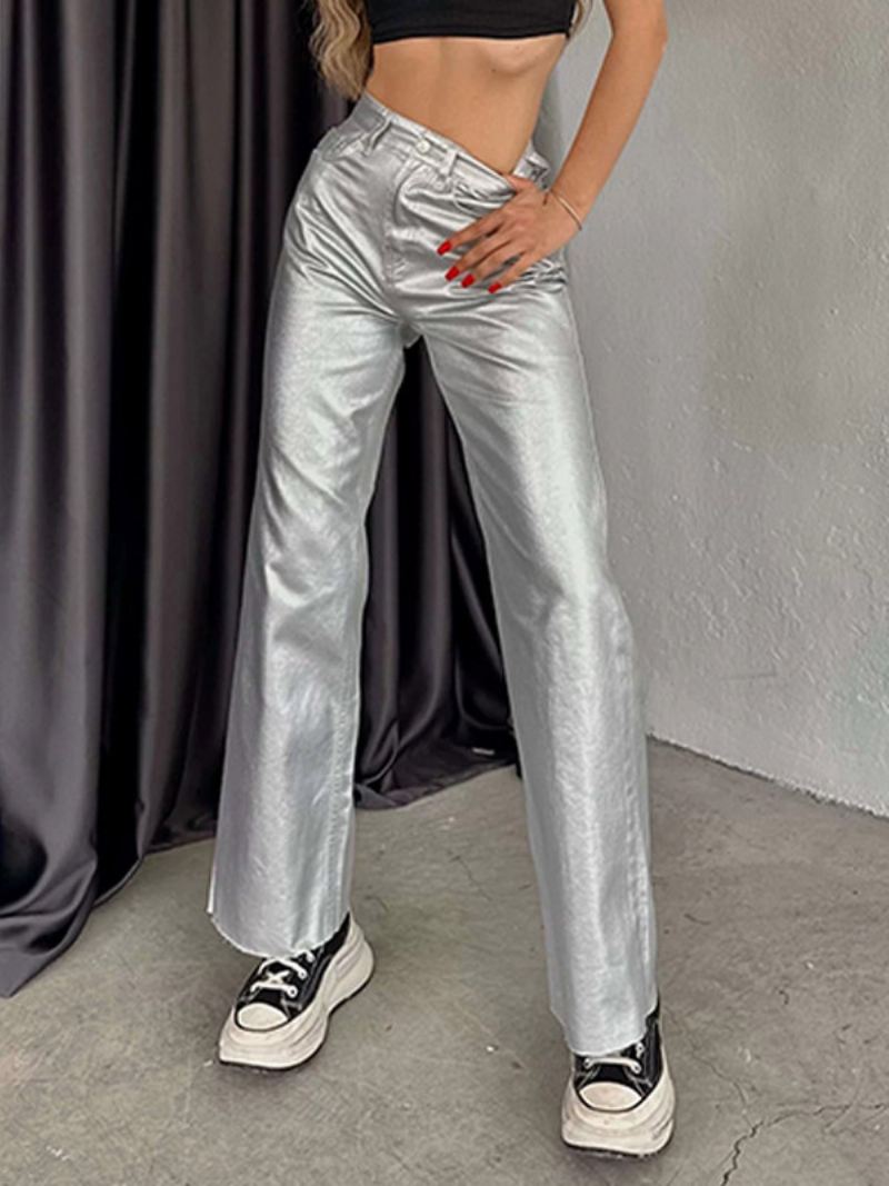 Metallic Broek Hoge Taille Ritssluiting Wijde Pijpen Dames - Zilver