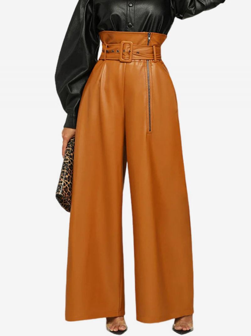 Pu Lederen Broek Hoge Taille Riem Brede Benen Effen Kleur Damesbroek - Chocolade