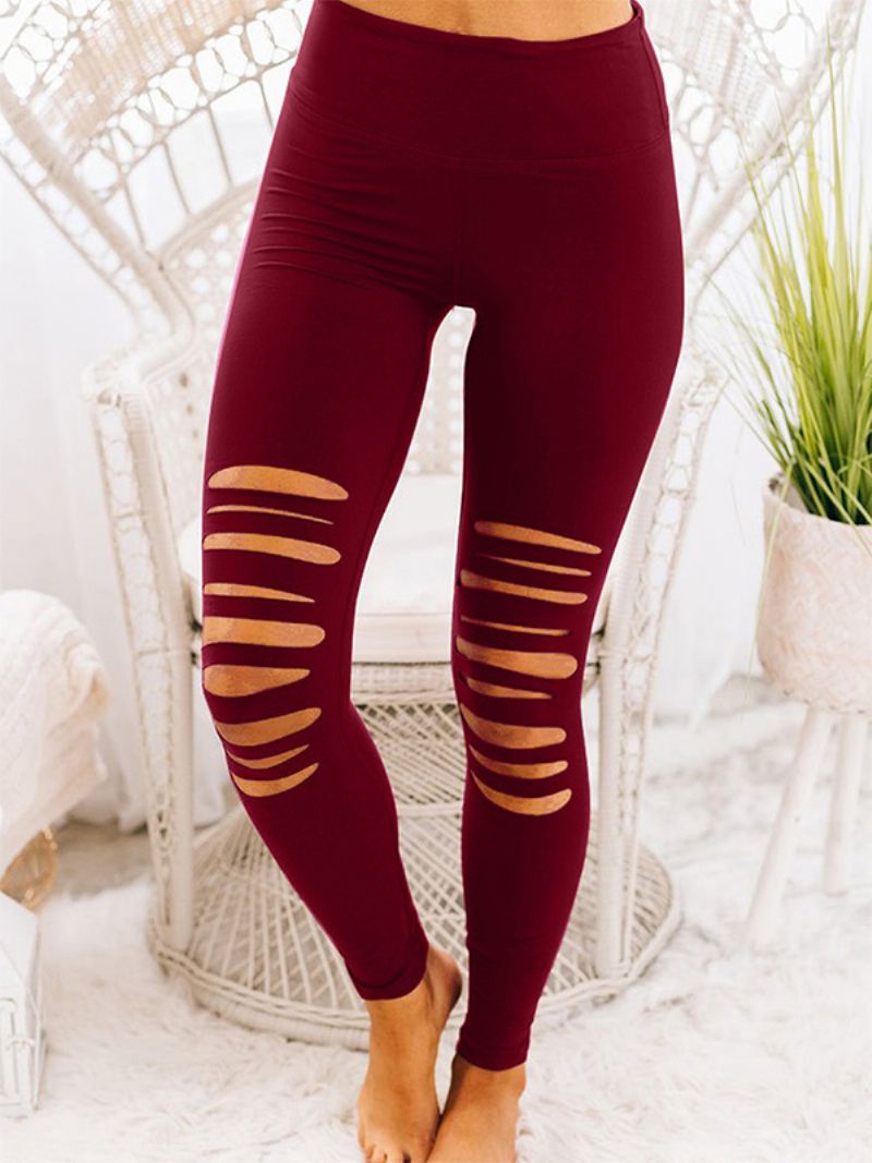 Skinny Broek Dames Casual Met Hoge Taille Uitsnijding Effen Kleur - Bordeauxrood