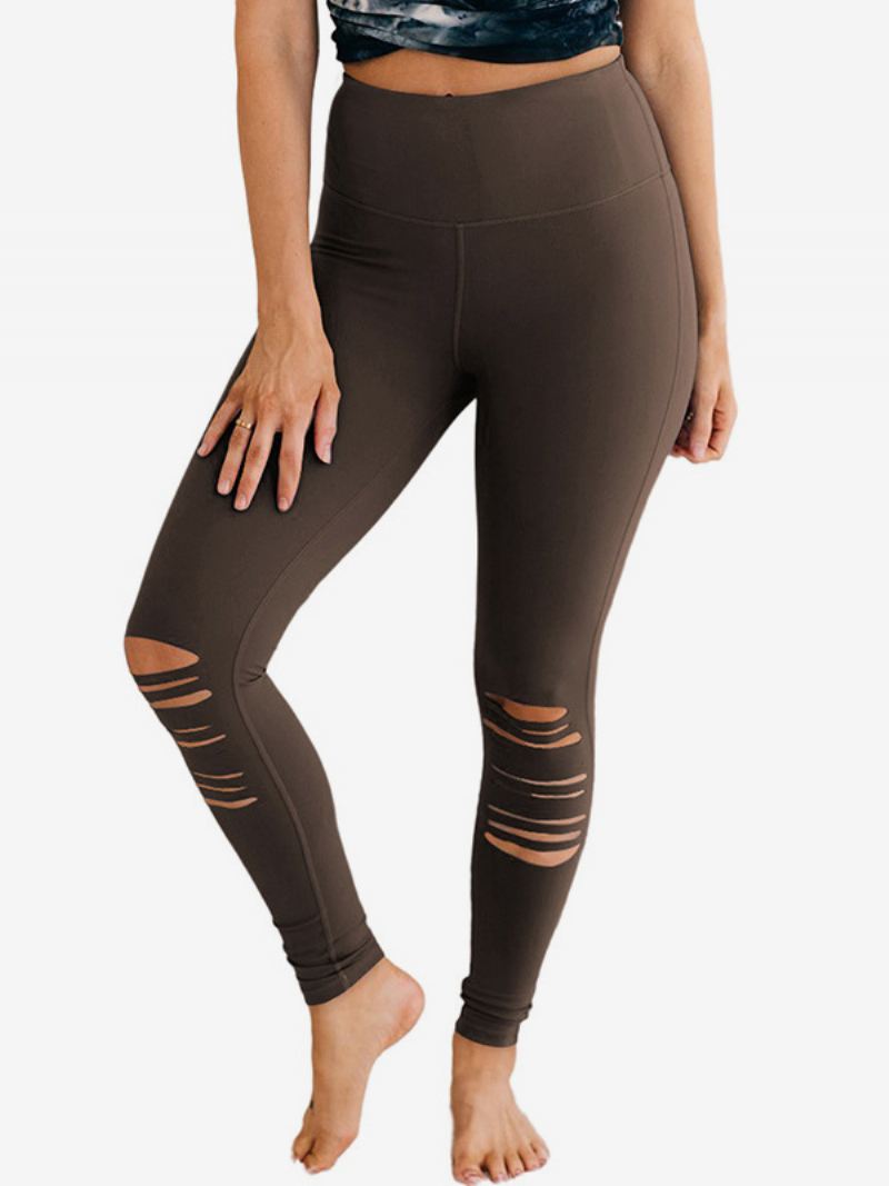 Skinny Broek Dames Casual Met Hoge Taille Uitsnijding Effen Kleur - Koffiebruin