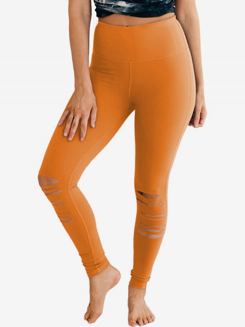 Skinny Broek Dames Casual Met Hoge Taille Uitsnijding Effen Kleur - Oranje