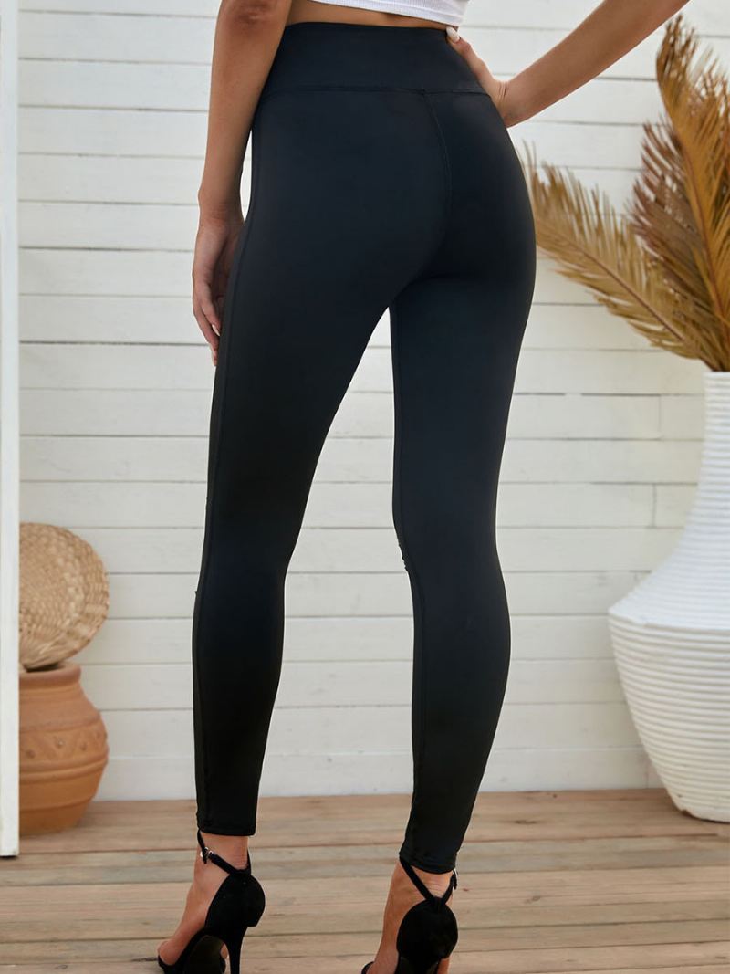 Skinny Broek Dames Casual Met Hoge Taille Uitsnijding Effen Kleur - Zwart