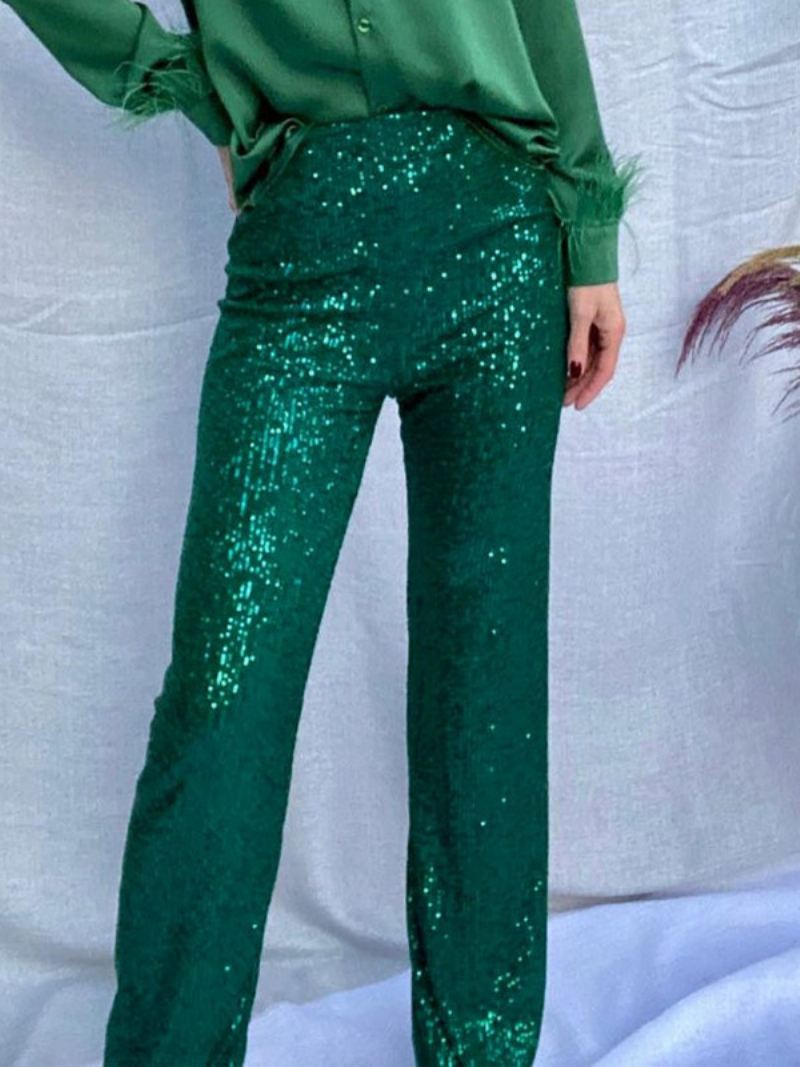 Sparkle Broek Hoge Taille Wijde Pijpen Pailletten Chique Dames - Groen