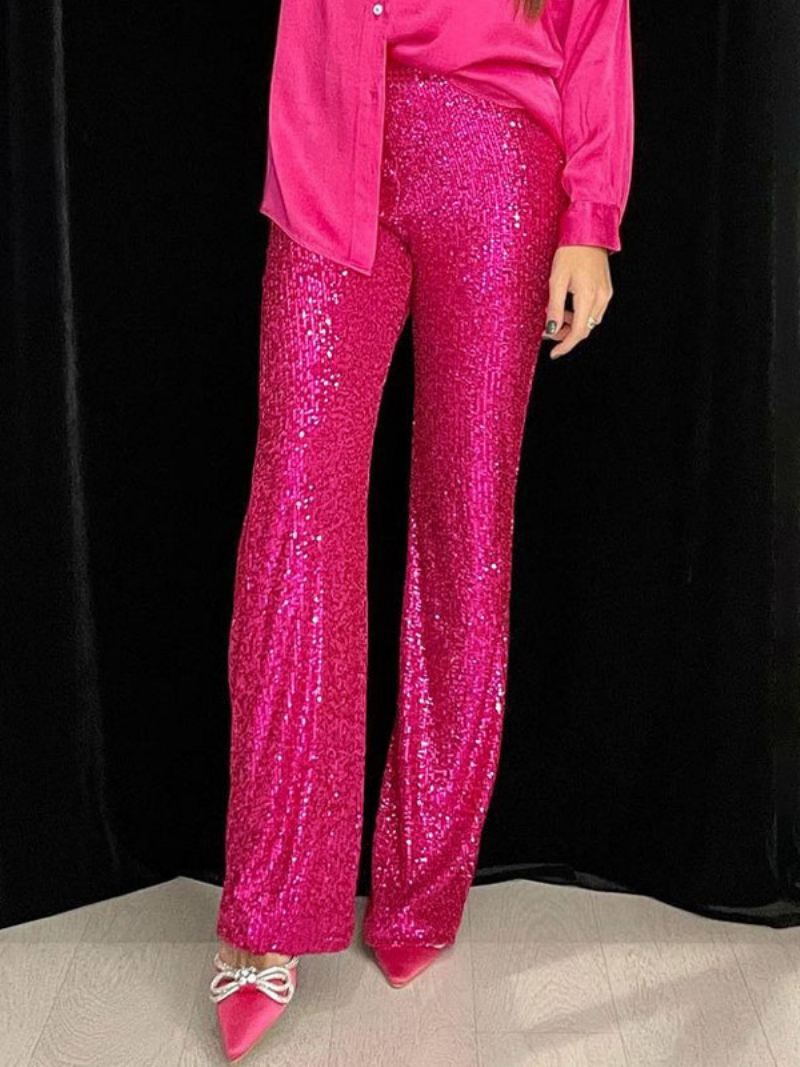 Sparkle Broek Hoge Taille Wijde Pijpen Pailletten Chique Dames - Roze