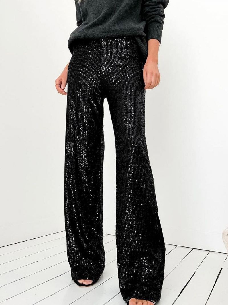 Sparkle Broek Hoge Taille Wijde Pijpen Pailletten Chique Dames - Zwart