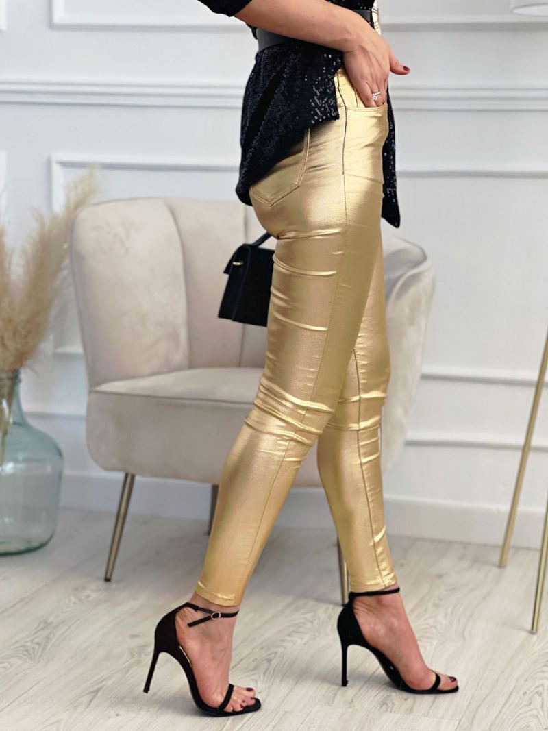 Zilveren Broek Dames Hoge Taille Kunstleer Magere Legging - Goud