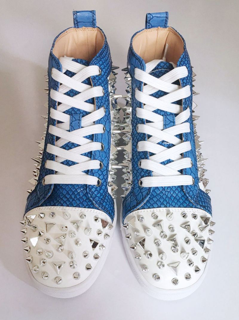 Blauwe Platte Skateschoenen Heren Hoge Sneakers Met Spikes Feestschoenen Galafeesten - Blauw