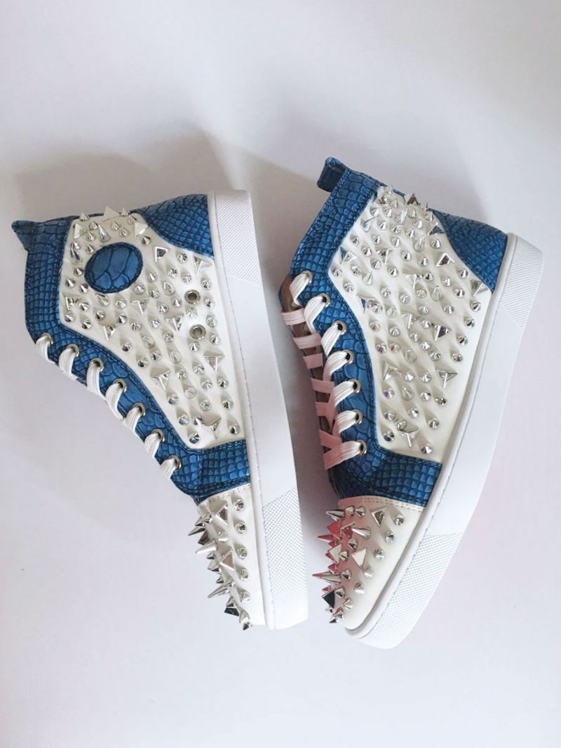 Blauwe Platte Skateschoenen Heren Hoge Sneakers Met Spikes Feestschoenen Galafeesten - Blauw