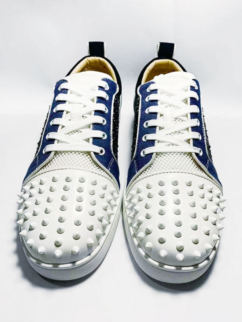 Casual Prom Party-sneakers Heren Ronde Neus Strass-klinknagels Skateschoenen Met Veters - Wit