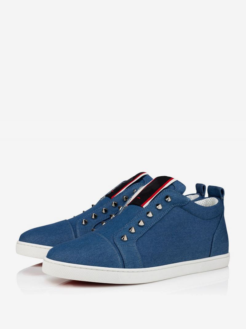 Casual Schoenen Heren Blauwgroen Hoge Sneakers Met Ronde Neus Klinknagels