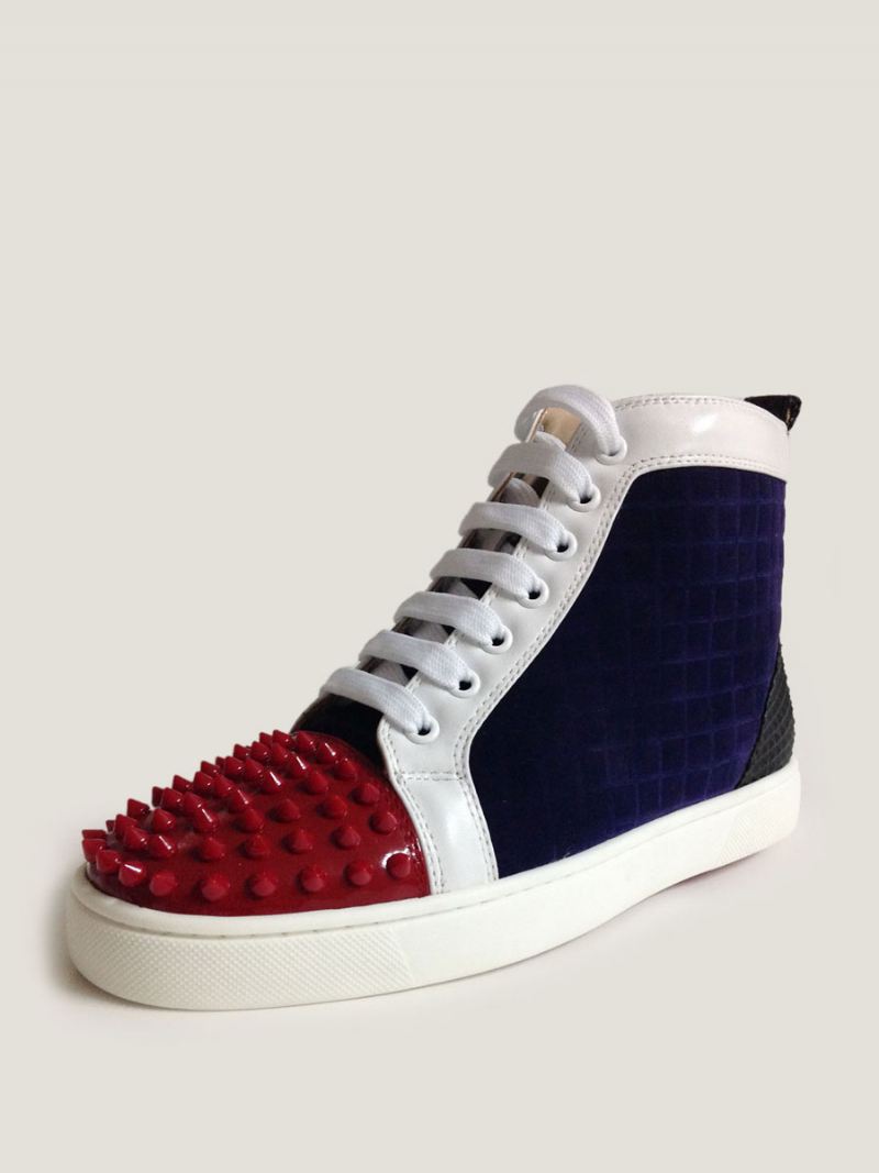 Heren Marineblauwe Leren Hoge Sneakers Met Klinknagels