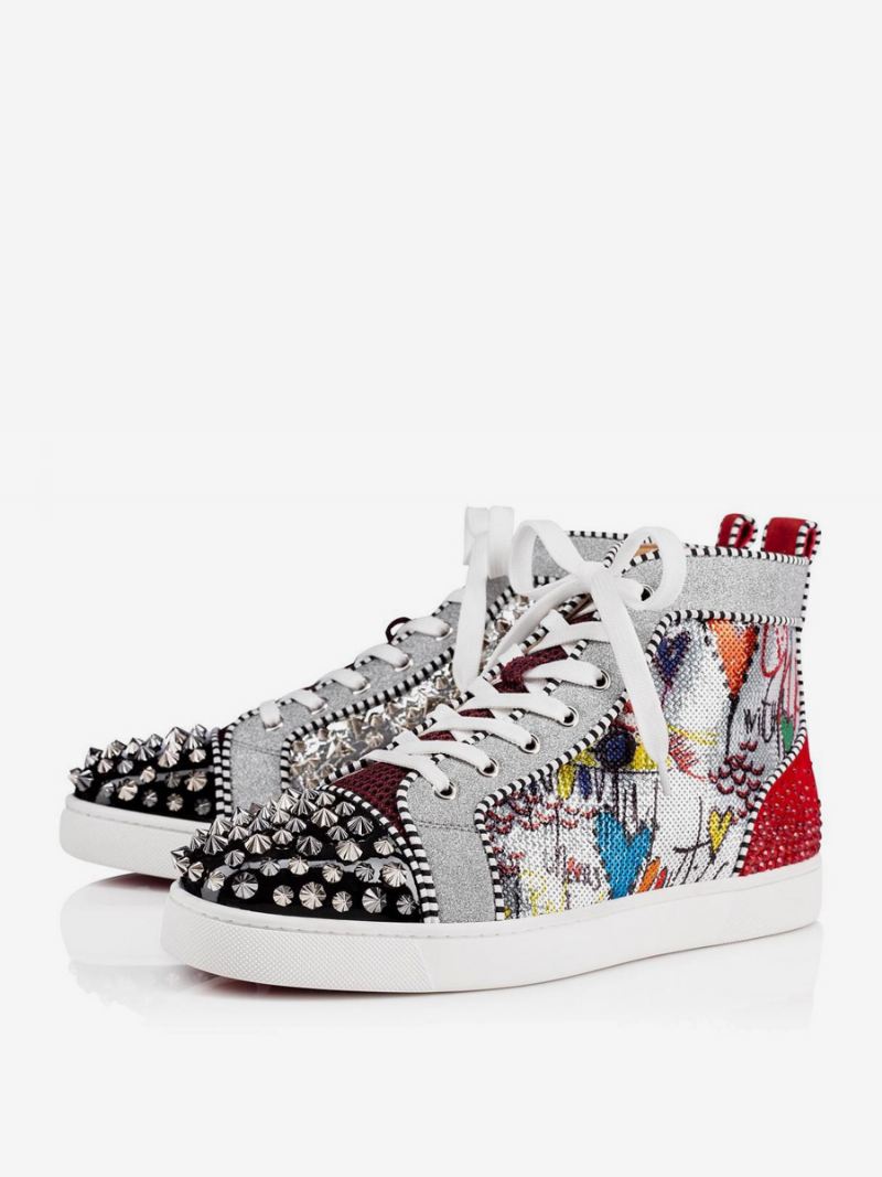 Heren Spike Ronde Neus Veterschoenen Hoge Top Prom Party Sneakers Schoenen Met Kunstwerk Print