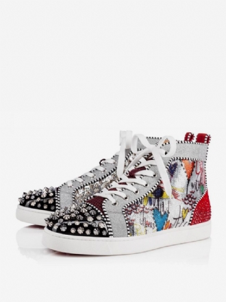 Heren Spike Ronde Neus Veterschoenen Hoge Top Prom Party Sneakers Schoenen Met Kunstwerk Print