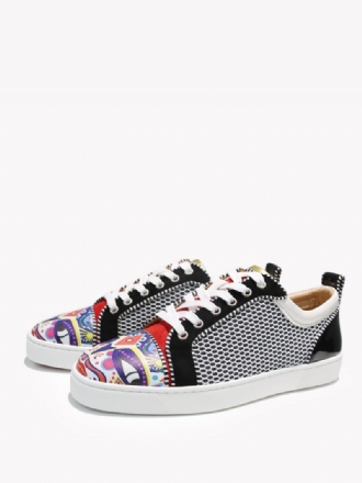 Heren Witte Koeienhuid Ronde Neus Met Artwork Bloemen Lage Top Sneaker