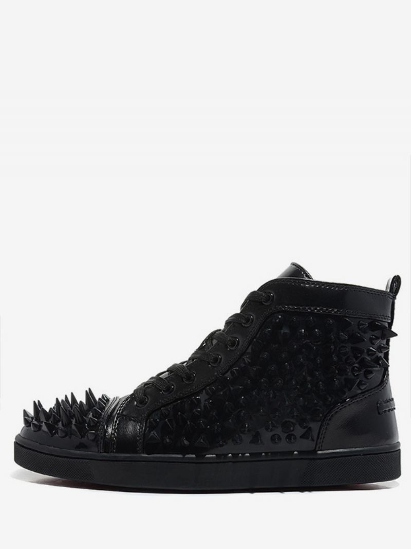 Heren Zwart Kunstleer Hoge Top Prom Party Sneakers Schoenen Spike