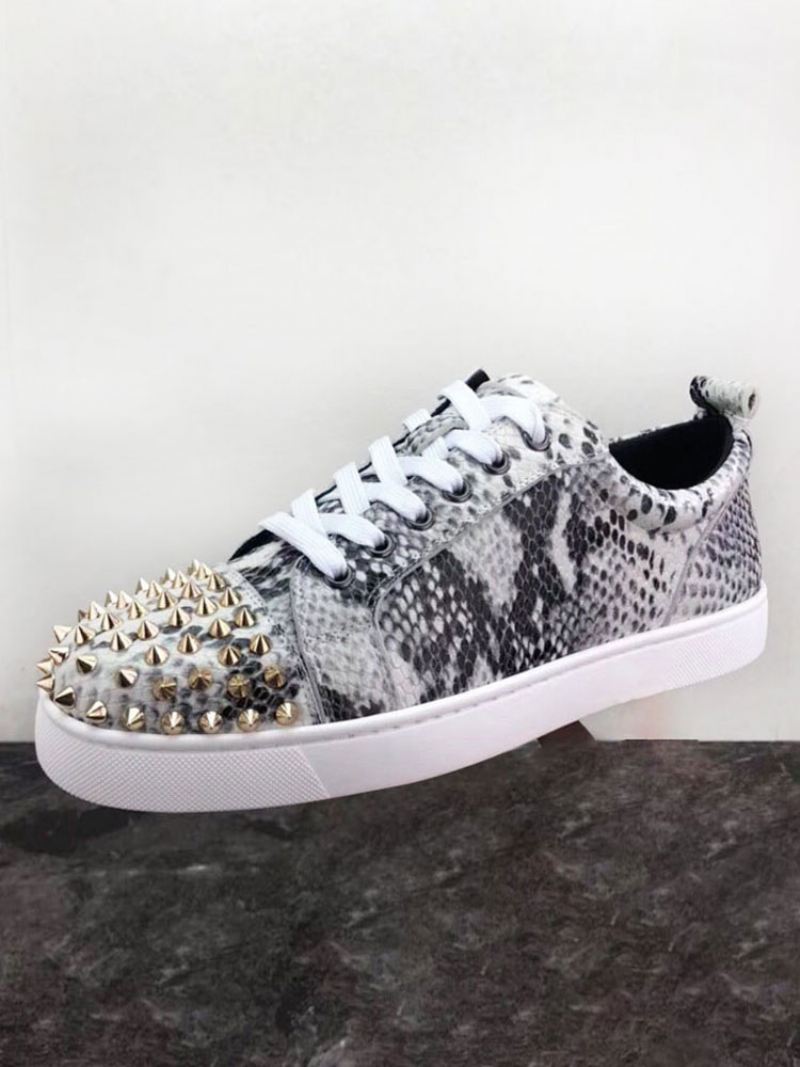 Heren Zwarte Slangenhuid Skateboardschoenen Lage Top Feestsneakers Met Spikes - Zwart