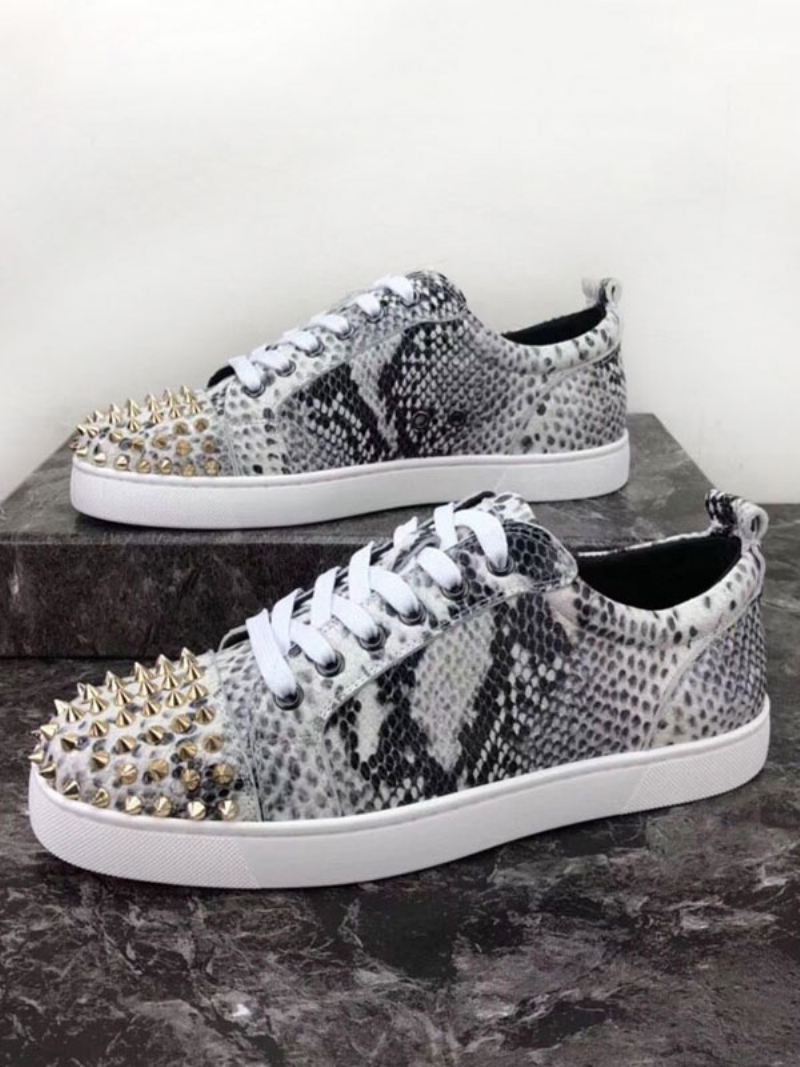 Heren Zwarte Slangenhuid Skateboardschoenen Lage Top Feestsneakers Met Spikes - Zwart