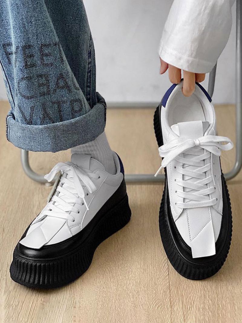 Herensneakers Met Dikke Hak Wit Ontworpen Veters - Zwart